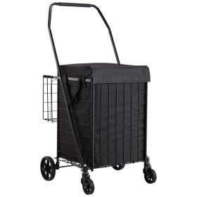 VEVOR Shopping Cart, Folding Grocery Utility Cart with Dual Baskets, Waterproof Liner & Wheels, 100 LBS Large Load Capacity