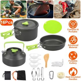 Set of 16Pcs Camping Cooking Ware Camping Stove Cookware Kit Aluminum Kettle with Bowls Knife Fork Spoon Carabiner Spatula Cutting Board for Hiki