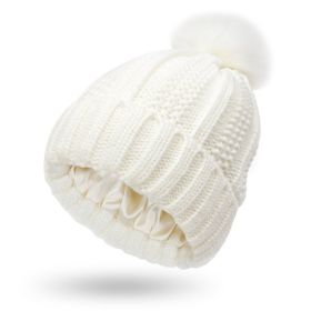 Winter Knitted Hats Fashion Stretchy Lined Skull Hats For Women Faux Fur Pom Pom Hat Keep Warming Beanie Hat (Option: White-One size)