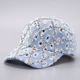 Ripped Diamond Denim Baseball Cap Leopard Rhinestone Fashion Peaked Cap (Option: Light Blue-Adjustable)