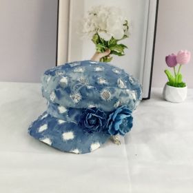 Fashion Flat Top Octagonal Cap Hole Denim All-match Navy Hat (Option: Blue-M)