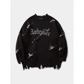 New Personality Street Jacquard Ripped Frayed Vintage Loose Sweater (Option: Black-M)