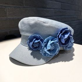 Denim Flat-top Cap Women's Three-dimensional Contrast Color Flowers (Option: Light Blue-M)
