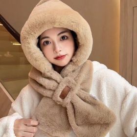Cycling Cold Protection Ear Protection Fleece-lined Warm Hat All-match Scarf (Option: Leather Tag Plush Bonnet Khaki-Free Size)