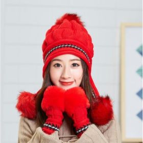 Cozy Knit Fleece-Feel Beanie With Ear Flaps & Pompom Warm Winter Hat For Women Perfect For Skiing & Outdoor Activities (Option: Red-Hat and gloves)