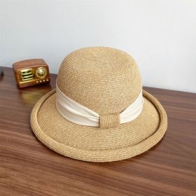 French Straw Sun Protection Bow Curling Temperament Straw Hat (Option: Milky White-M)