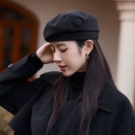 High-grade Buttons Make Your Face Look Smaller In Autumn And Winter Beret (Option: MM1132 Black-Free Size)